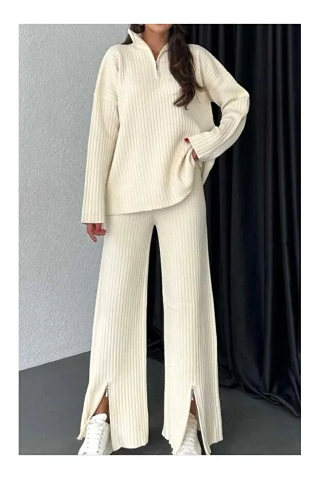 Fitilli Yaka Fermuarlı Triko Takım